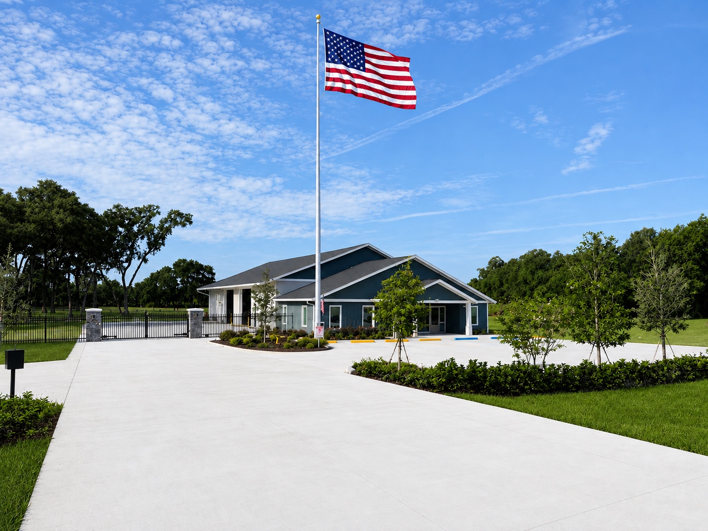 McGinnis Builders property with a large American flag flying in front of the building